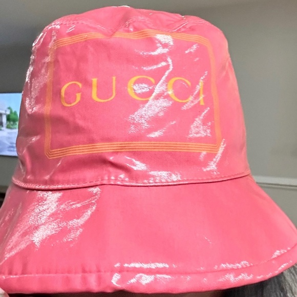 Gucci Accessories - Gucci Pink Logo Patent Bucket Hat